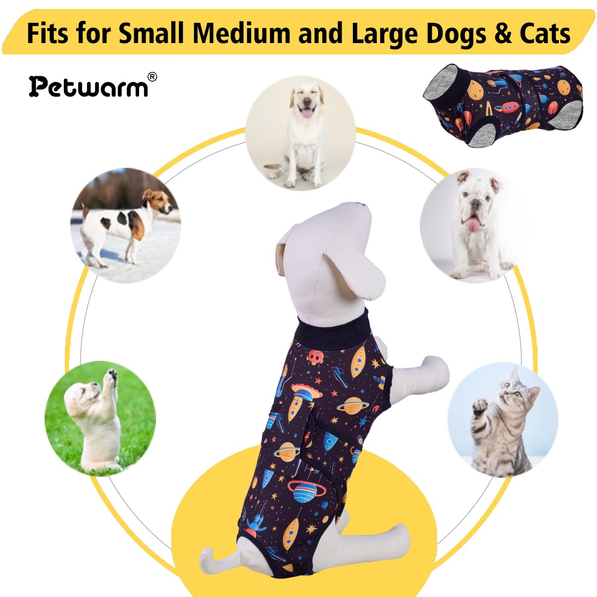 PetWarm Surgery Recovery Suit Male,Hooded Dog Inner Clothes,Substitute E-Collar & Cone Anti-Licking Dog Surgery Recovery Suit Soft Dog Bodysuit for Small Medium Large Dogs,Cosmic Pattern,Black Gold,S