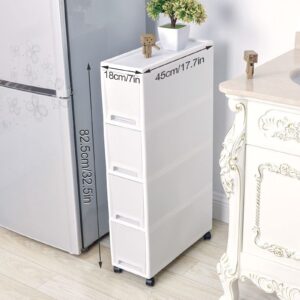 7in Narrow Slim Rolling Storage Cart, 4 Tier Kitchen Small Bathroom Storage Cabinet Beside Fridge Small Plastic Rolling Shelf with Drawers