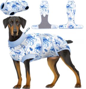 petwarm post spay dog suit female,dog surgery suit,cone of shame alternatives bodysuit for abdominal wounds skin disease, dog bodysuit for small medium large dogs,marine animal patterns,blue,xs