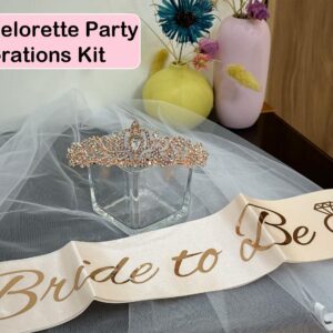 JETKONG 3 Pcs Bachelorette Party Decorations Bridal Shower Crown, Bride to Be Sash&Veil for Women Bachelorette Party Gifts, Bachelorette Party Supplies, Gifts, Favors (Rose Gold)