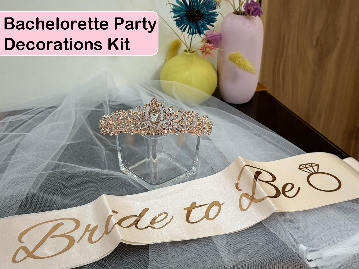 JETKONG 3 Pcs Bachelorette Party Decorations Bridal Shower Crown, Bride to Be Sash&Veil for Women Bachelorette Party Gifts, Bachelorette Party Supplies, Gifts, Favors (Rose Gold)