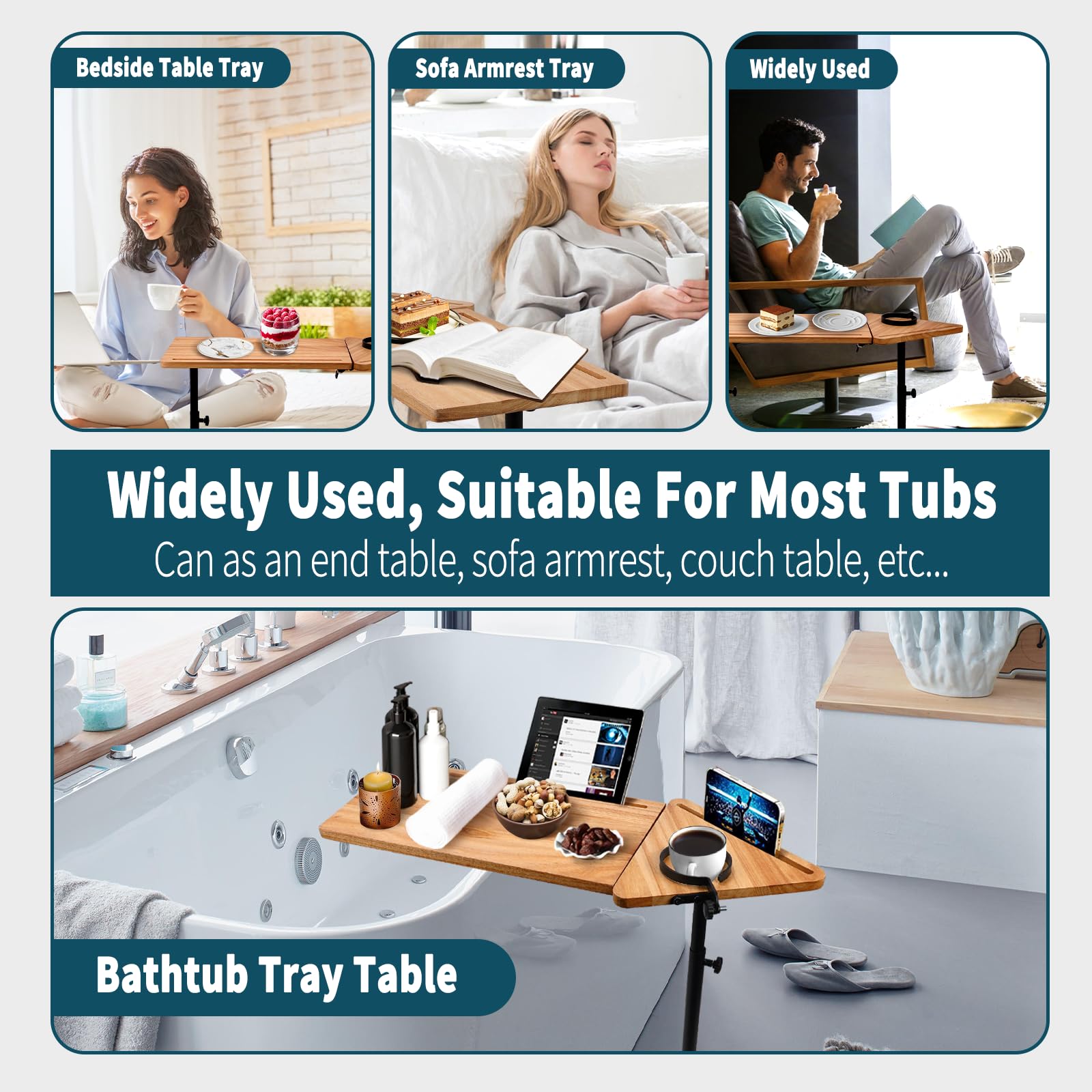 Kytuwy Bathtub Tray Table with Adjustable Height, Freestanding Foldable Bath Tray for Bathtub with Tablet Holder, Cellphone Tray and Wine Glass Holder, Bathroom Table for Luxury Spa (Log Color)