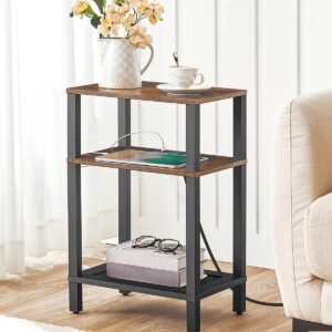 HOOBRO Side Table with Charging Station, End Table with USB Ports and Outlets, 3-Tier Storage Shelves Nightstand, Sofa Table for Small Space in Bedroom, Living Room, Rustic Brown and Black BF106UBZ01