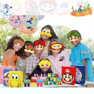 Mario Party Favors,98Pcs Mario Birthday Party Supplies include Goodie Bags,Felt Masks,Stamps,Slap Bracelets,Stickers,Classroom Rewards,Carnival Prizes,Party Activities,Themed Goodie Bags Stuffers