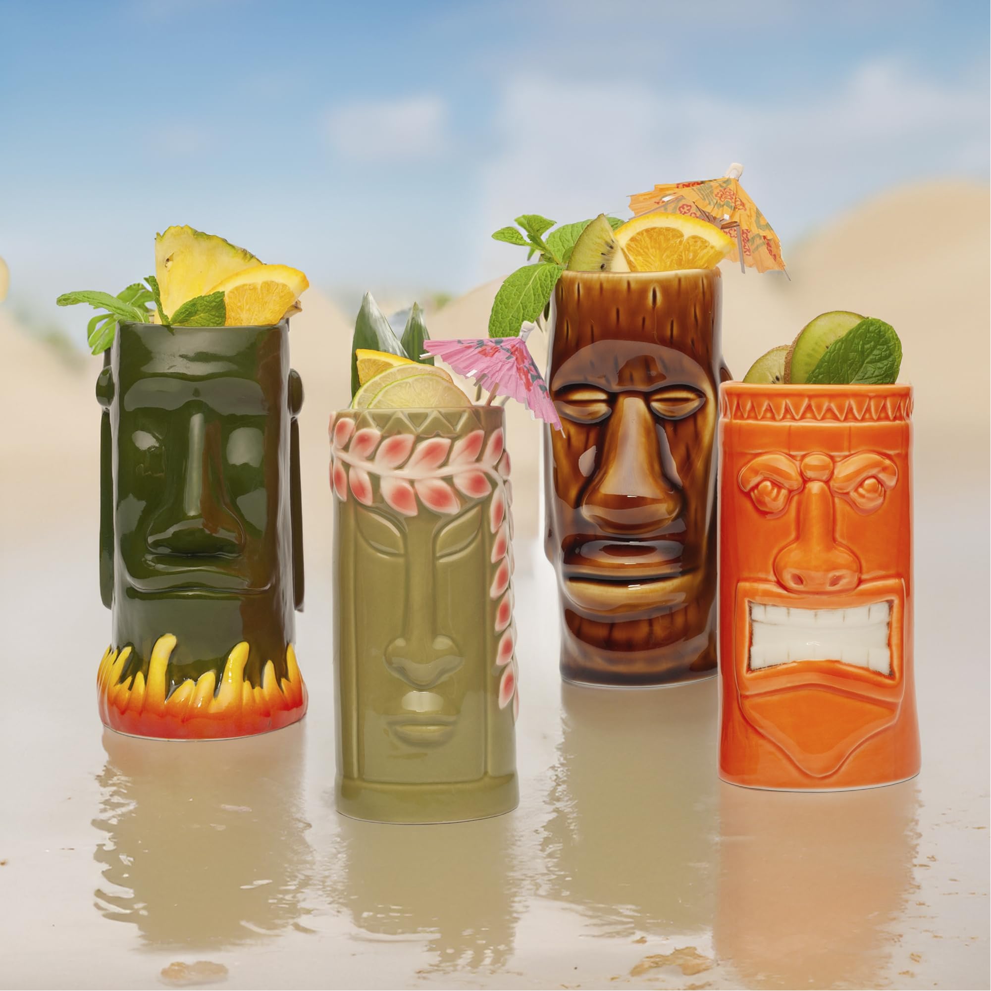 LEMONSODA Hard-Carved and Hand-Painted Tiki Mugs Assorted Cocktail Set of 8 - Ceramic Hawaiian Luau Party Mugs Drinkware, Cute Exotic Cocktail Glasses, Tiki Bar Hawaiian Party Barware - 18-23.5oz