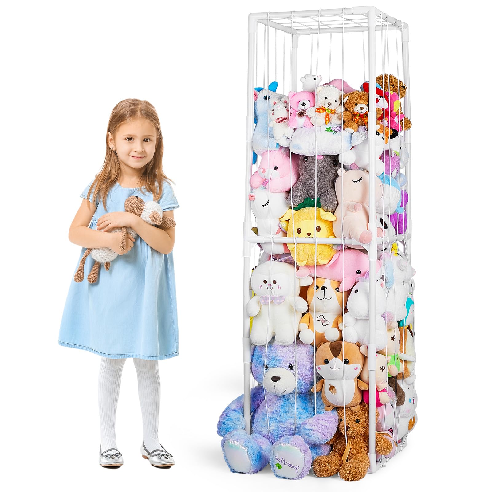 FIOBEE Stuffed Animals Zoo Storage Stuffed Animals Holder Organizer Large Toy Storage Shelf with Elastic Band Stuffed Animals Cage for Nursery Playroom Bedroom Room Furniture, White, L