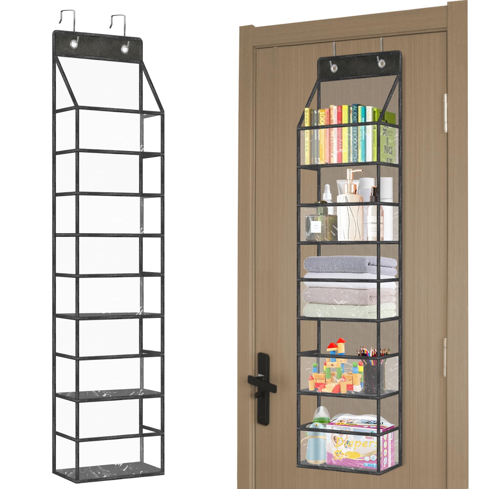 5-Shelf Over The Door Hanging Pantry Organizer, Room Organizer with Clear Plastic Pockets, Behind The Door Storage Organizer Large Capacity Organizer for Closet Bedroom Bathroom (Black)