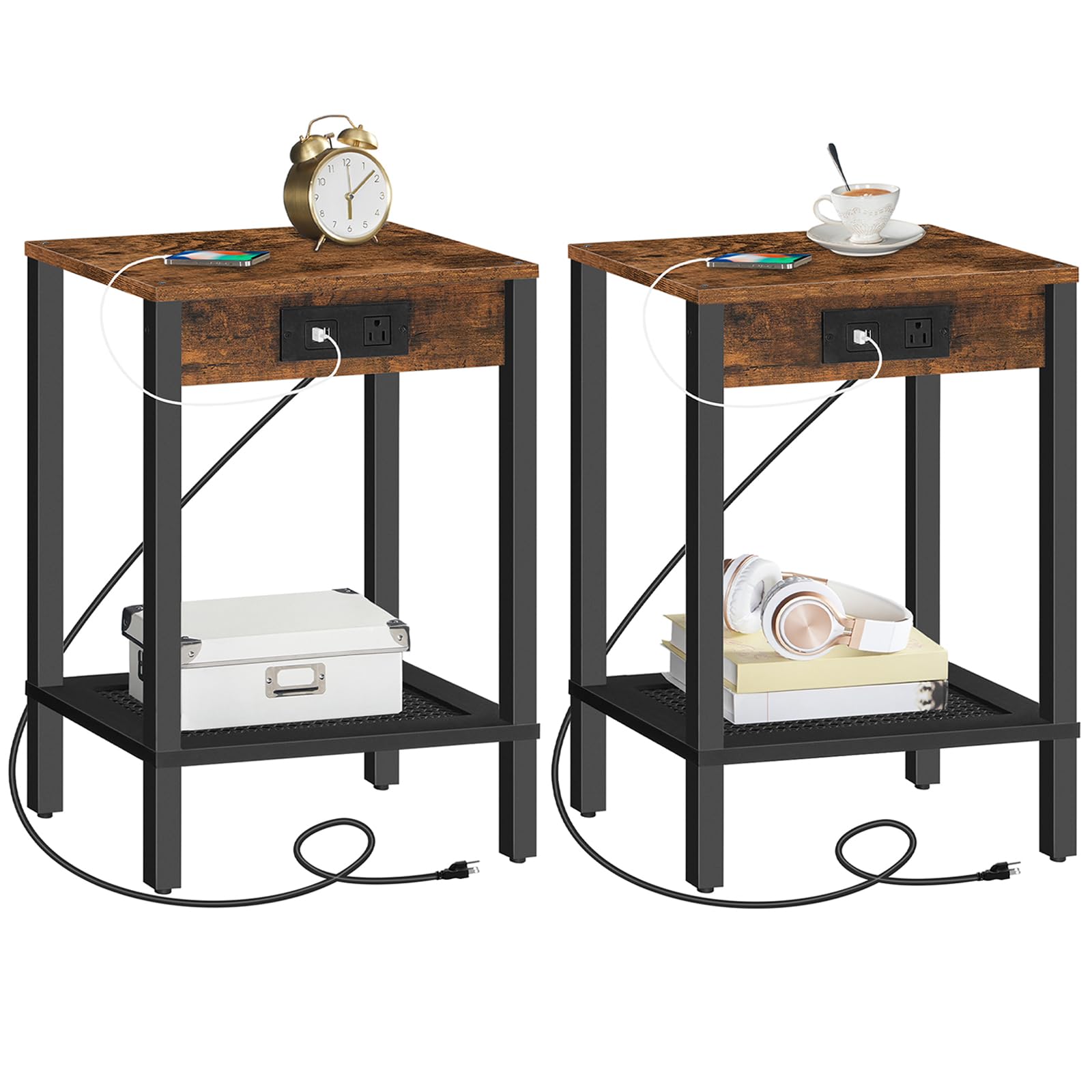 HOOBRO Side Table with Charging Station, Set of 2 End Tables with USB Ports and Outlet, Nightstand with 2-Tier Storage Shelf, for Living Room, Bedroom, Small Space, Rustic Brown and Black BF91UBZP201