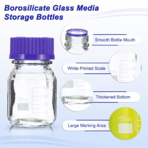 PATIKIL 8 Pack Reagent Media Storage Bottles, 100ml Borosilicate Glass Graduated Round Bottles with GL45 Blue Screw Cap for Lab Water Reagent Liquids, Clear