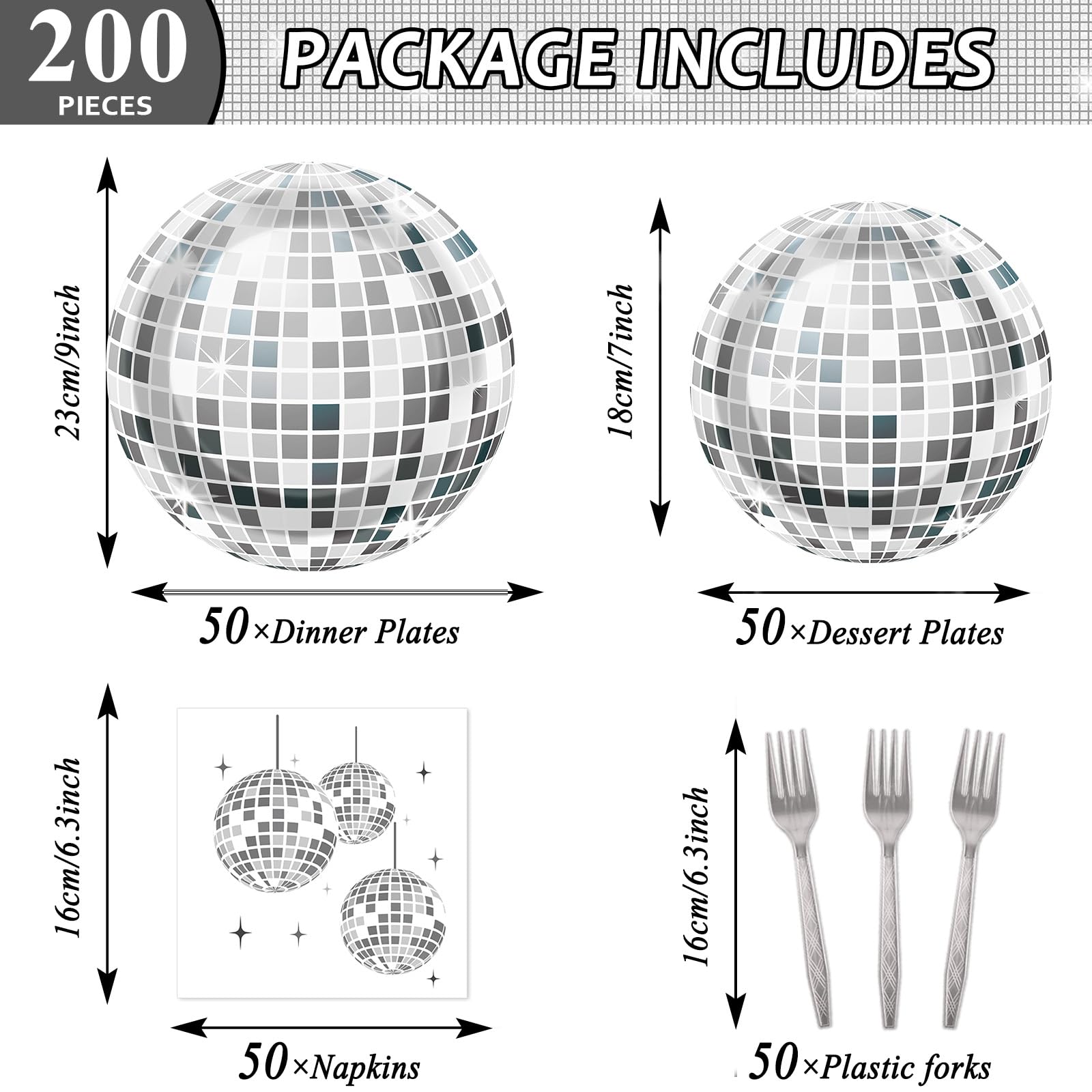 200PCS Disco Theme Party Plates and Napkins 1970s Birthday Party Decorations Silver Disco Birthday Party Plates 70s Disco Party Tableware Set Serves 50 Guests Baby Shower Wedding Party Supplies Favors