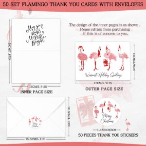 Poen 50 Sets Christmas Flamingo Thank You Cards with Envelopes and Stickers Merry Christmas Greeting Cards 4 x 6 Inches Funny Christmas Cards for Friend Family Coworkers Clients Holiday Wishes