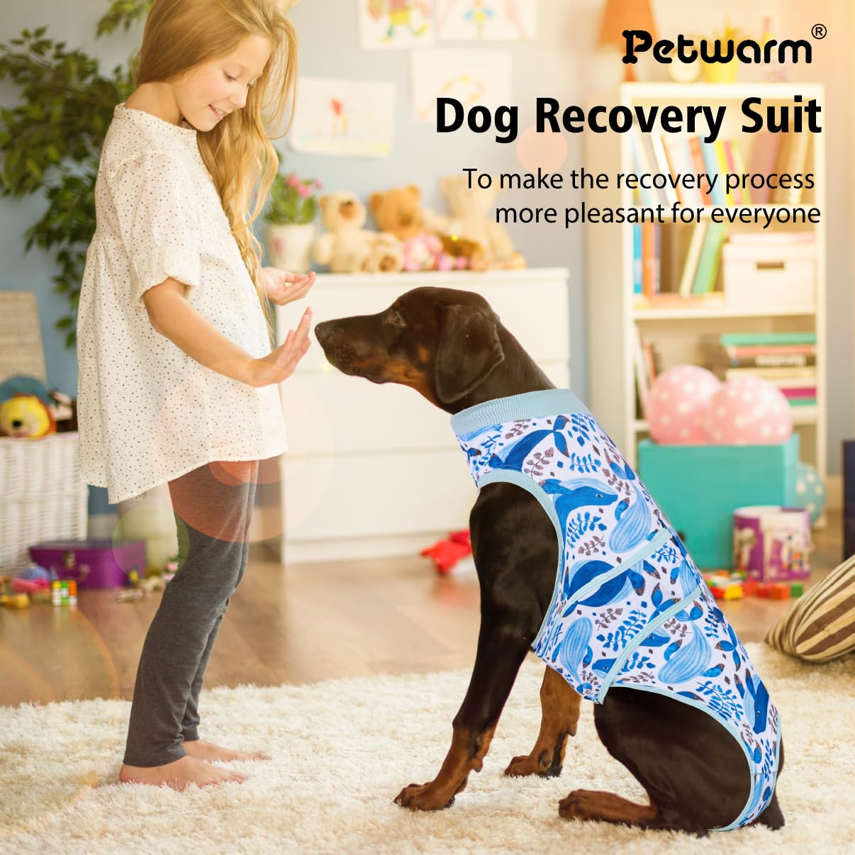 PetWarm Dog Recovery Suit After Surgery,Dog Surgery Suit,Cone of Shame Alternatives,Anti-Licking Pet Surgical Recovery Snugly Suit Dog Onesie for Spay Neuter,Marine Animal Patterns,White Blue,2XL