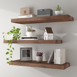 kultilanda floating shelves 24 inch wall shelf solid wood mounted storage for bedroom living room set of 3, rustic brown wall shelves