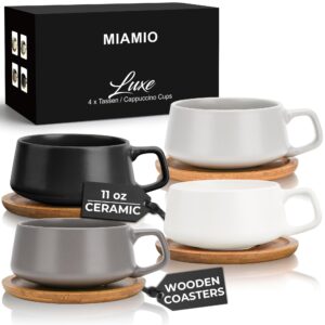 miamio – 11 oz., set of 4 ceramic tea cup and saucer bamboo/tea mug - wide cappuccino cup, coffee cups ceramic mug for cappuccino, latte, espresso & americano - luxe collection (classic pastel)