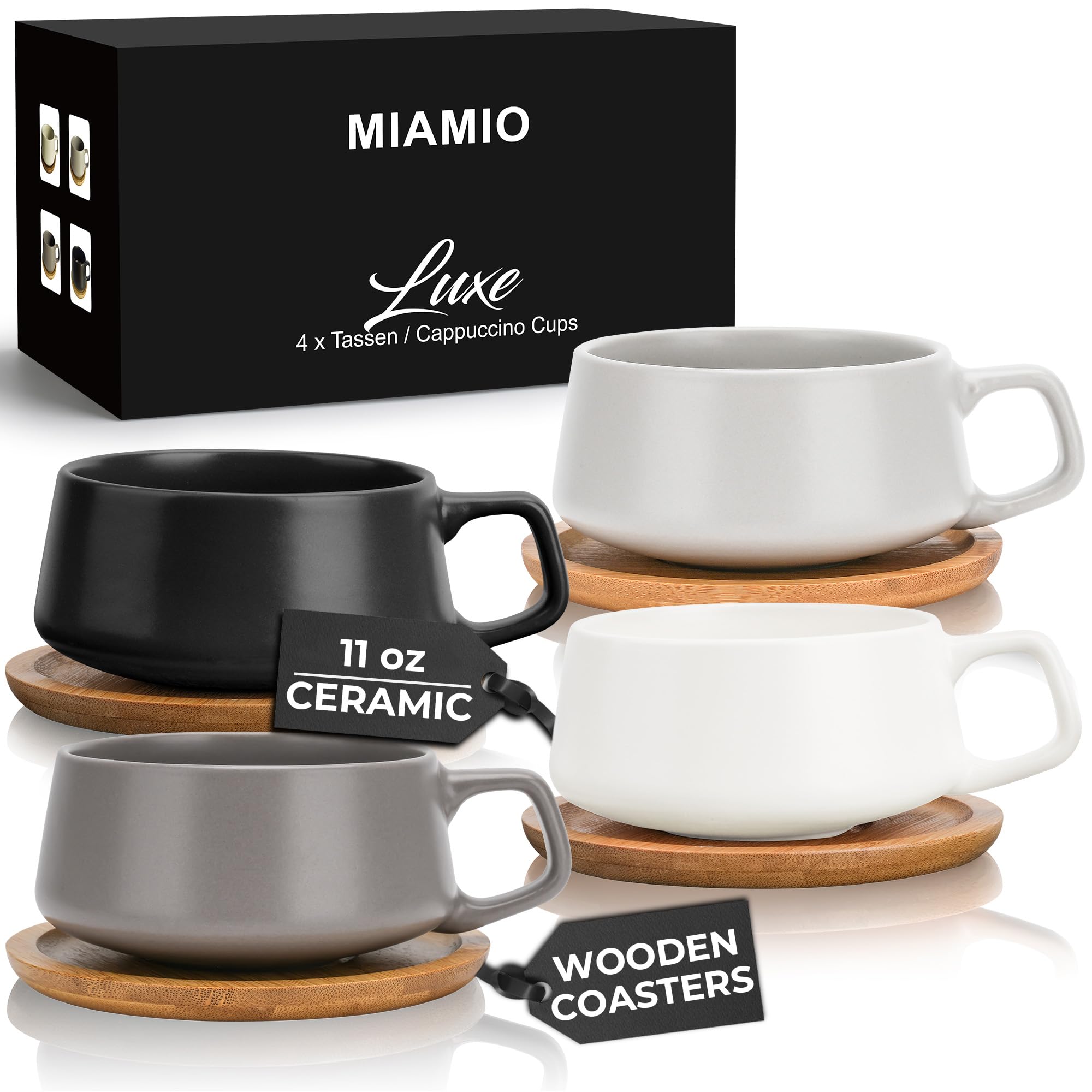 MIAMIO – 11 Oz., Set of 4 Ceramic Tea Cup and Saucer Bamboo/Tea Mug - Wide Cappuccino Cup, Coffee Cups Ceramic Mug for Cappuccino, Latte, Espresso & Americano - Luxe Collection (Classic Pastel)