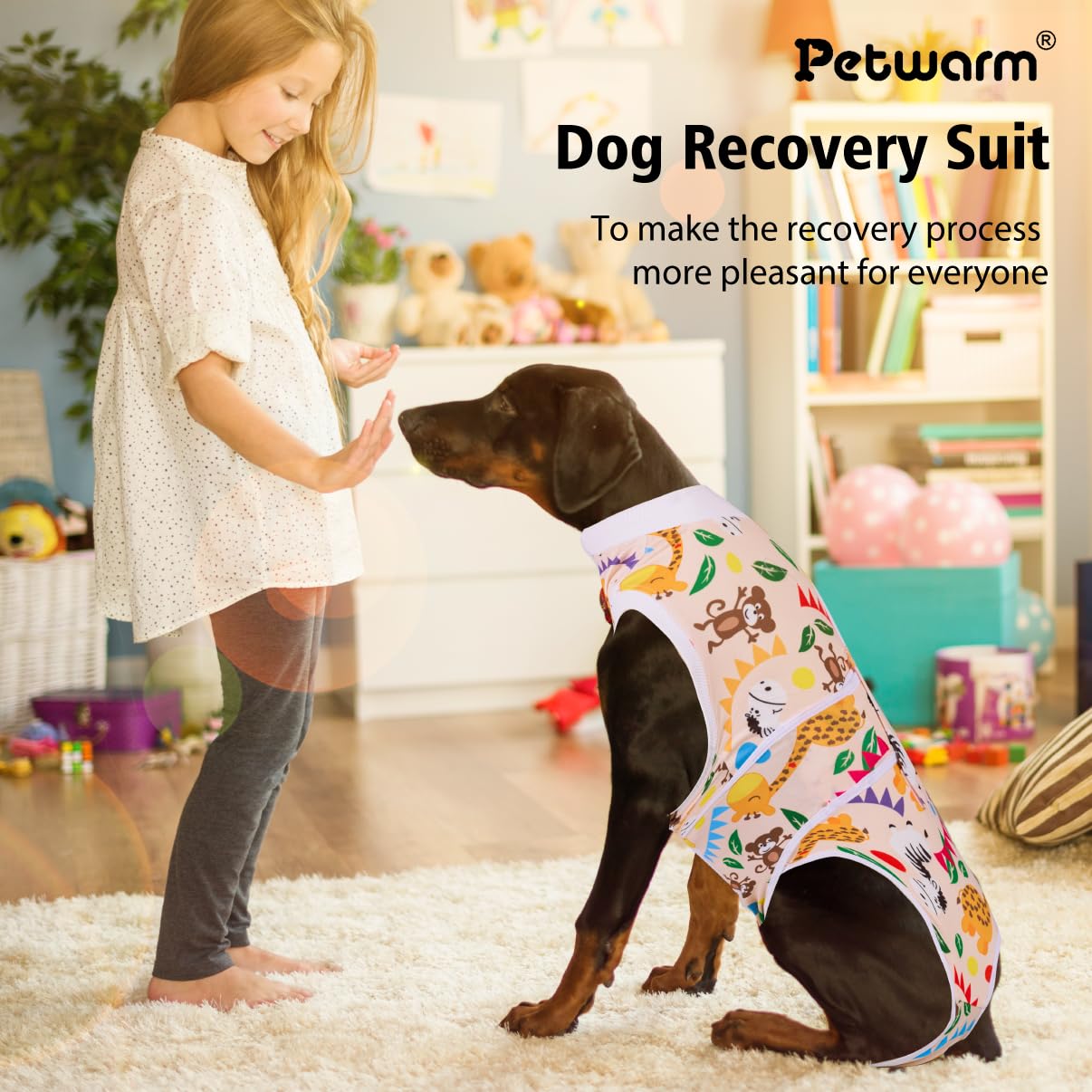 PetWarm Dog Surgical Recovery Suit Female,Substitute E-Collar & Cone Prevent Licking Dog Onesies Pet Surgery Recovery Suit Female Male Dog Onesie for Spay Neuter,Zoo Pattern,Yellow,L