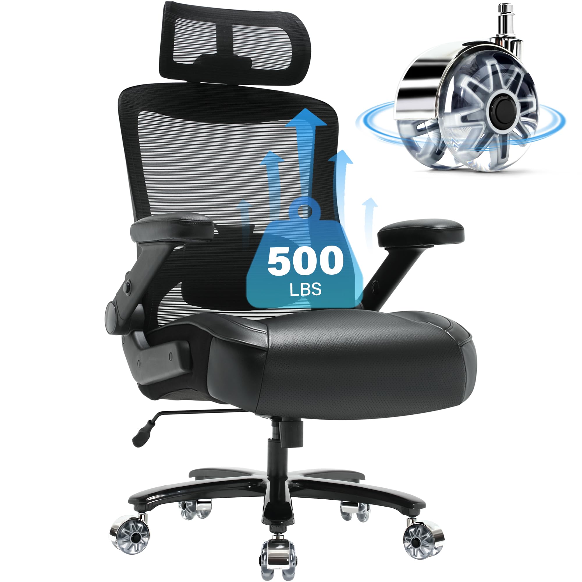 Big and Tall Office Chair 500lbs- Ergonomic Mesh Desk Chair with Adjustable Lumbar Support Headrest 3D Flip Up Arms Metal Base- High Back Large Executive Computer Office Chair, Extra Wide Seat, Black