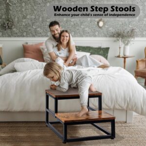 LONGYONG Wooden Step Stool for Adults 2 Step Bedside Step Stool Non-Slip Kids Step Stools Heavy Duty Stepping Stools with 500 lbs Capacity for High Bed Kitchen Bathroom Easy to Assemble, Rustic Brown