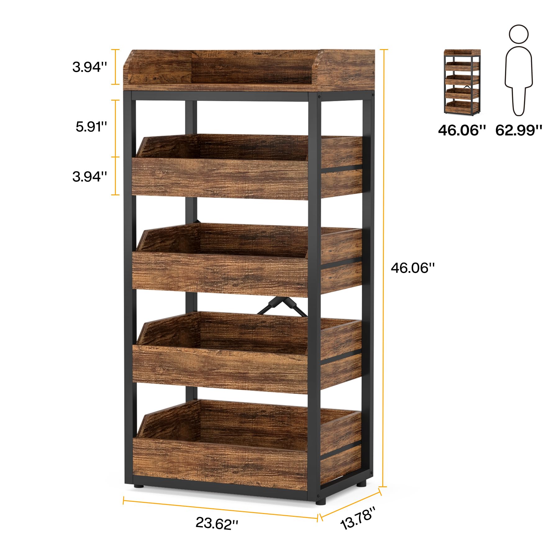 Tribesigns Wood Fruit and Vegetable Storage Rack, 5-Tier Pull-Out Snack Stand Fruit Basket Stand, Utility Shelf Organizer for Kitchen, Living Room, Bedroom, Rustic Brown