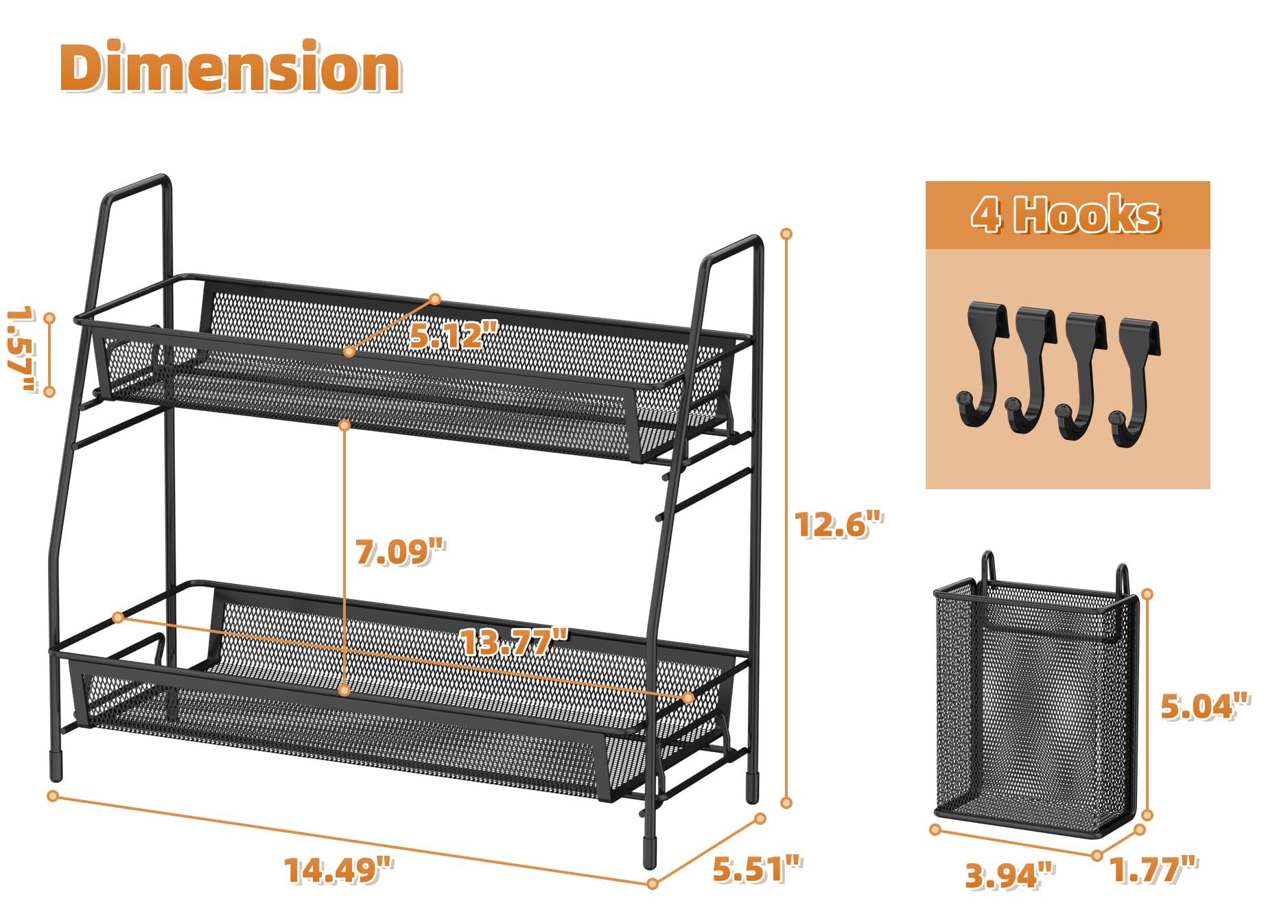 VITVITI 2-Tier Bathroom Organizer Countertop, Metal Wire Mesh Bathroom Counter Organizer Storage with Basket Hooks, Vanity Tray Shelf, Kitchen Spice Rack, Black