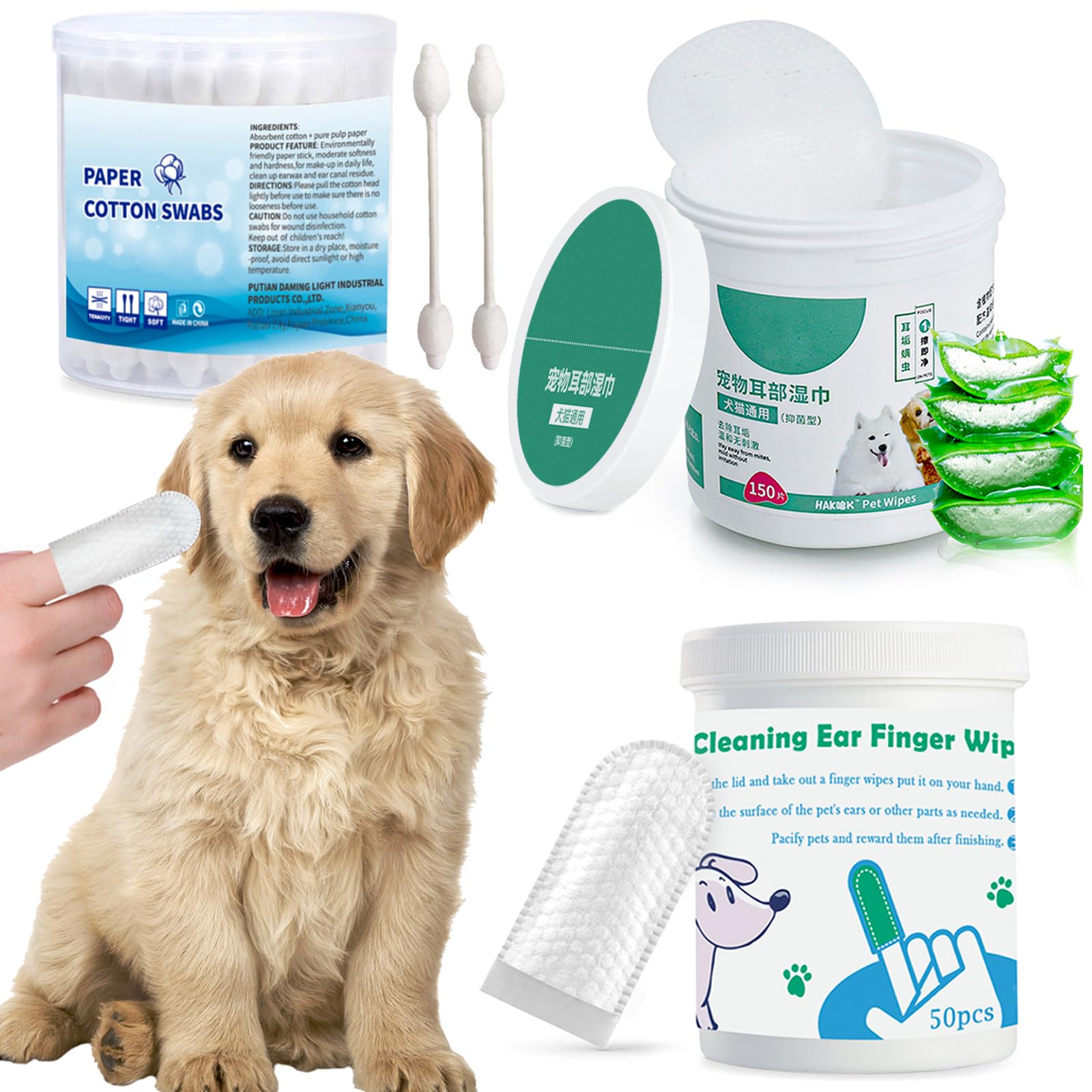 Qiveaory Pet Ear Wipes Kit Cat and Dog Ear Cleaner Wipes Multipurpose Grooming 50Pcs Finger Wipes+150Pcs Cleansing Pads+56Pcs Gourd Shaped Cotton Swabs Odor Control Reduce Dirt and Itch Relief