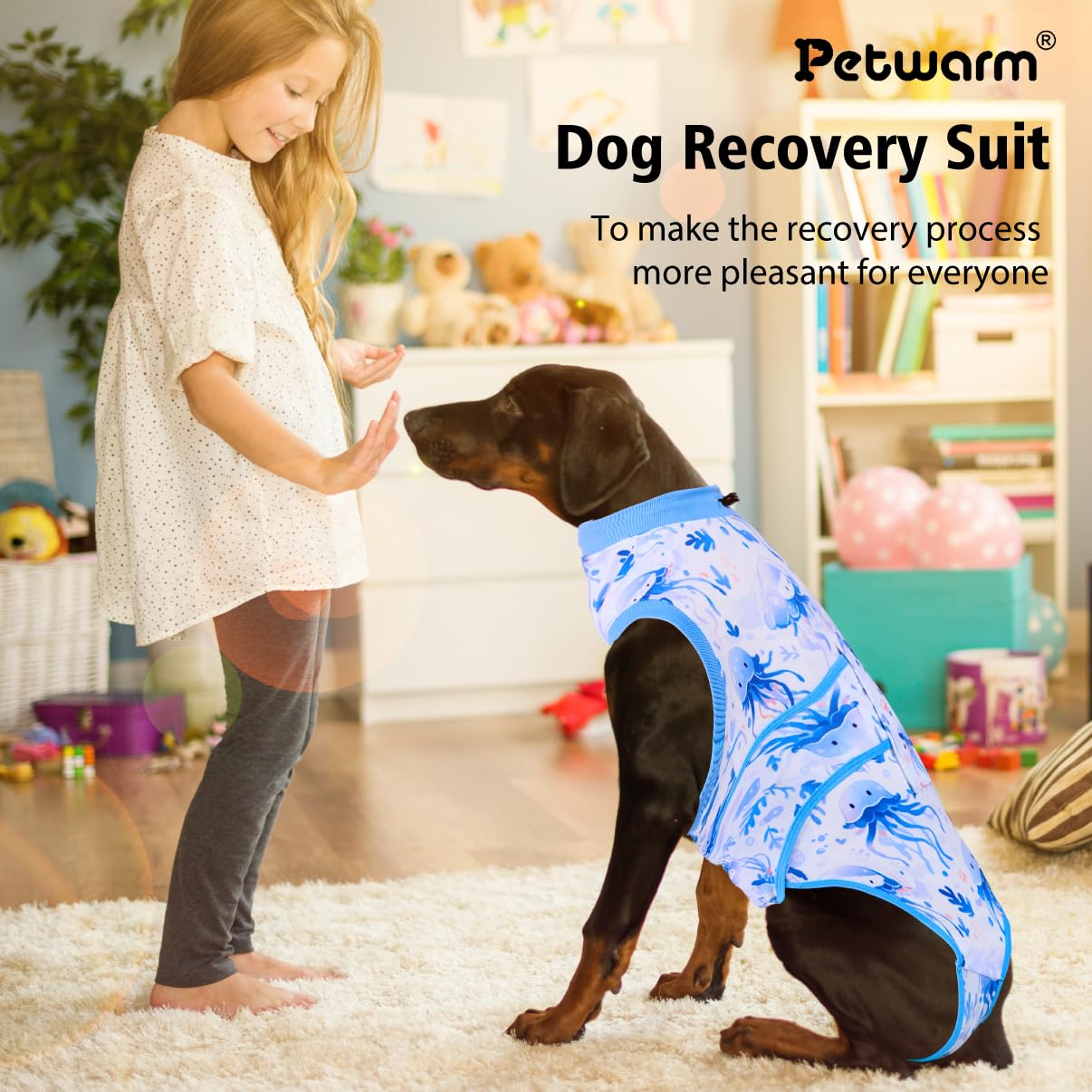 PetWarm Post Spay Dog Suit Female,Dog Surgery Suit,Cone of Shame Alternatives Bodysuit for Abdominal Wounds Skin Disease, Dog Bodysuit for Small Medium Large Dogs,Marine Animal Patterns,Blue,XS