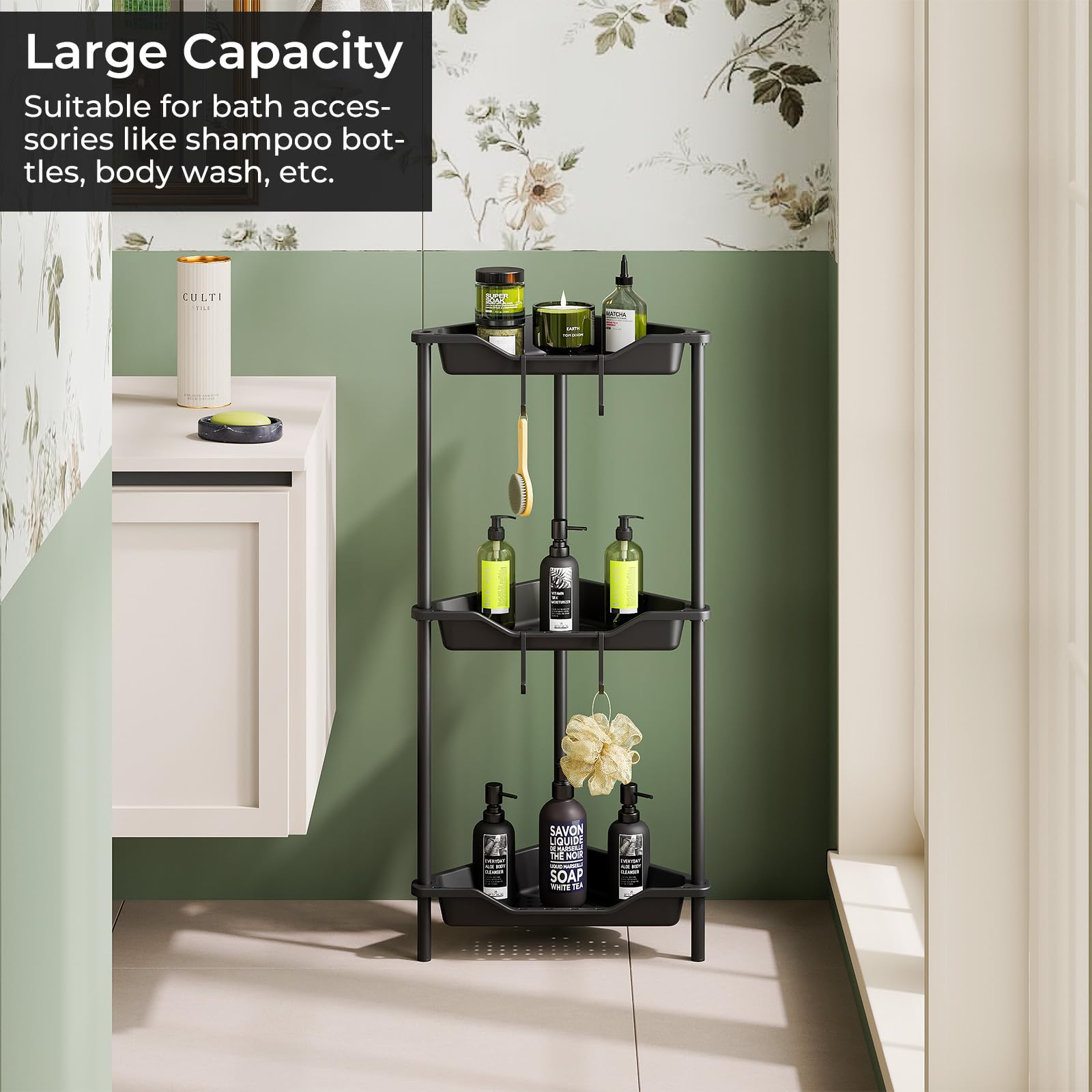 ODesign 3 Tier Floor Standing Corner Shower Caddy Organizer Plastic Metal Splicing Shelf Storage Rack for Bathroom Black - Rustproof