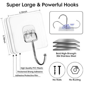 QCJ Large Adhesive Hooks 22Ib(Max), Waterproof and Rustproof Wall Hooks for Hanging Heavy Duty, Stainless Steel Towel and Coats Hooks to use Inside Kitchen, Bathroom, Home and Office, 8Pack