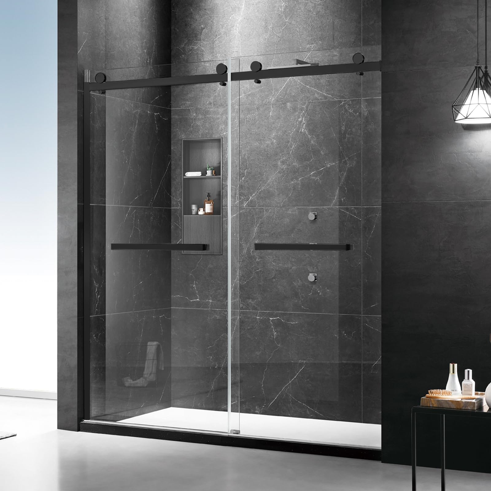 MoSweet Milano Double Sliding Shower Door, 60 in.W x 74 in.H Framed Shower Door 5/16"(8mm) Clear Tempered Glass, 18 inch Pull Handle, Stainless Steel Hardware, Matte Black Finished