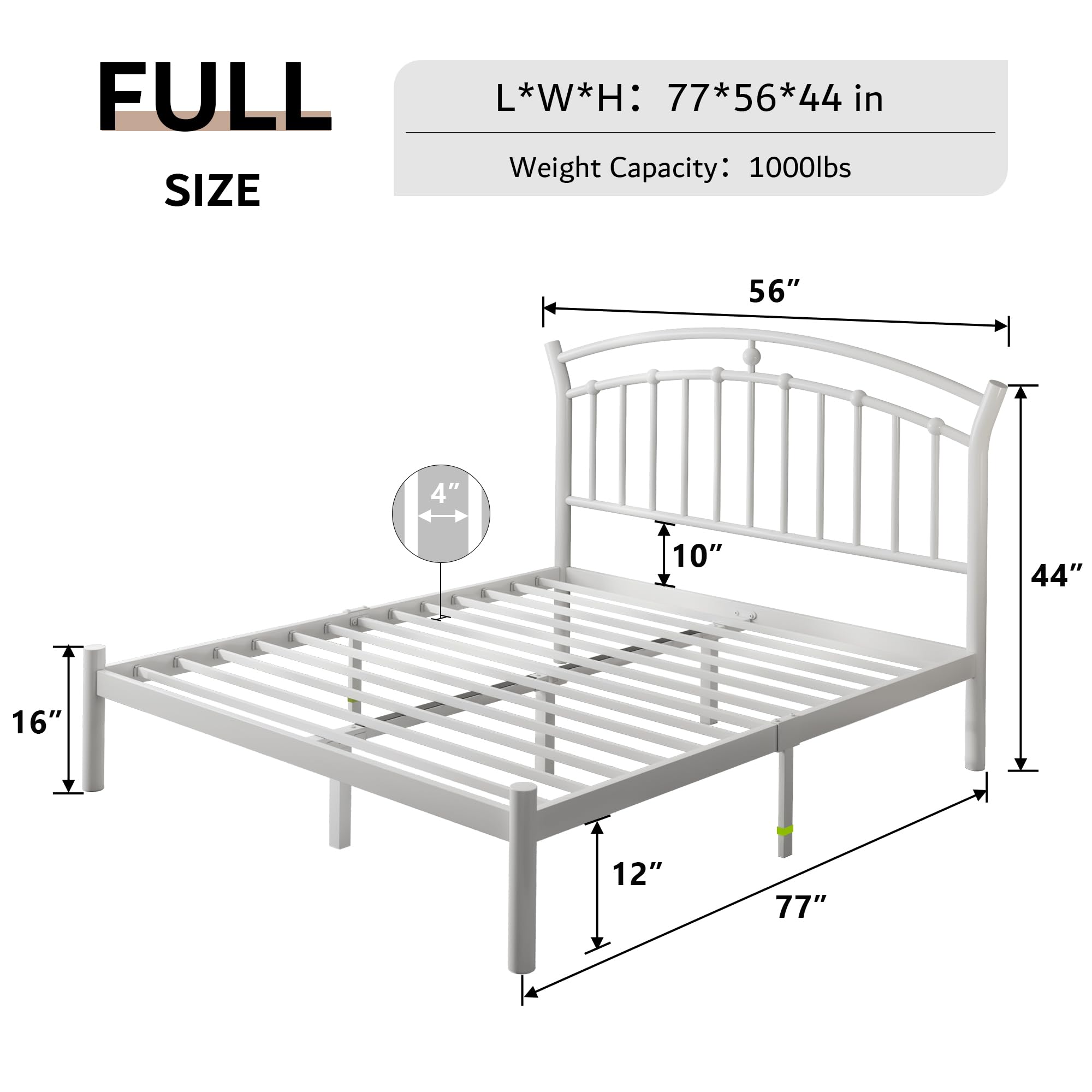 iPormis Full Size Metal Platform Bed Frame with Modern Iron-Art Headboard/Heavy Duty Steel Slats Support/Under Bed Storage/No Box Spring Needed/Easy Assembly/Noise-Free/White