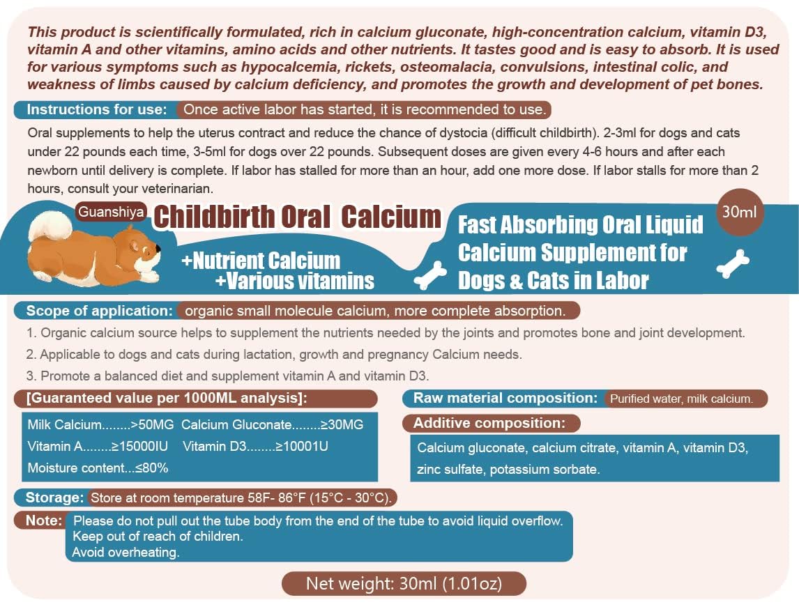 Oral Calcium for Dogs Fast Absorbing Calcium Supplement Liquid - Whelping, Nursing, and Calcium Deficiency Supporting Efficient Labor-30 cc