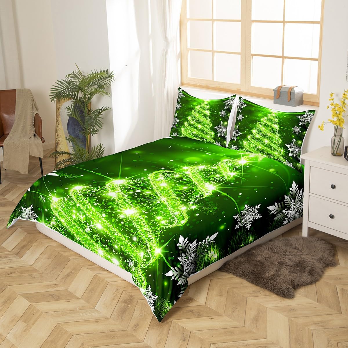 Erosebridal Green Christmas Tree Bedding Set Christmas Themed Duvet Cover 2 Piece Christmas Decor Comforter Cover White Snowflake Xmas Bedspread Cover Happy New Year Gifts Bedding Twin Size