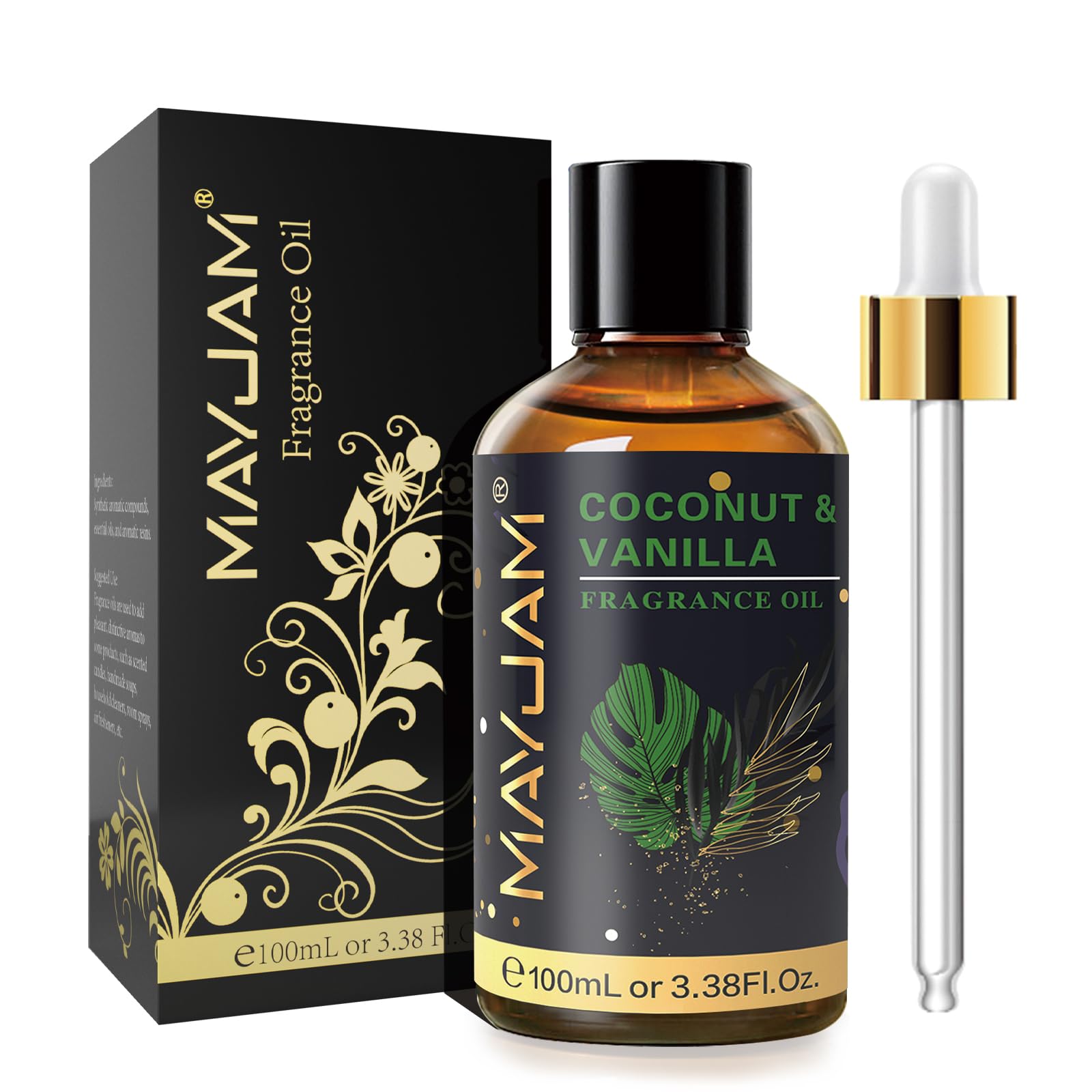 MAYJAM 100ML/3.38FL.OZ Coconut & Vanilla Fragrance Oils with Glass Dropper, Essential Oils for Diffusers for Home, Long Lasting Scented Oils for Diffusers Soap Candle Making