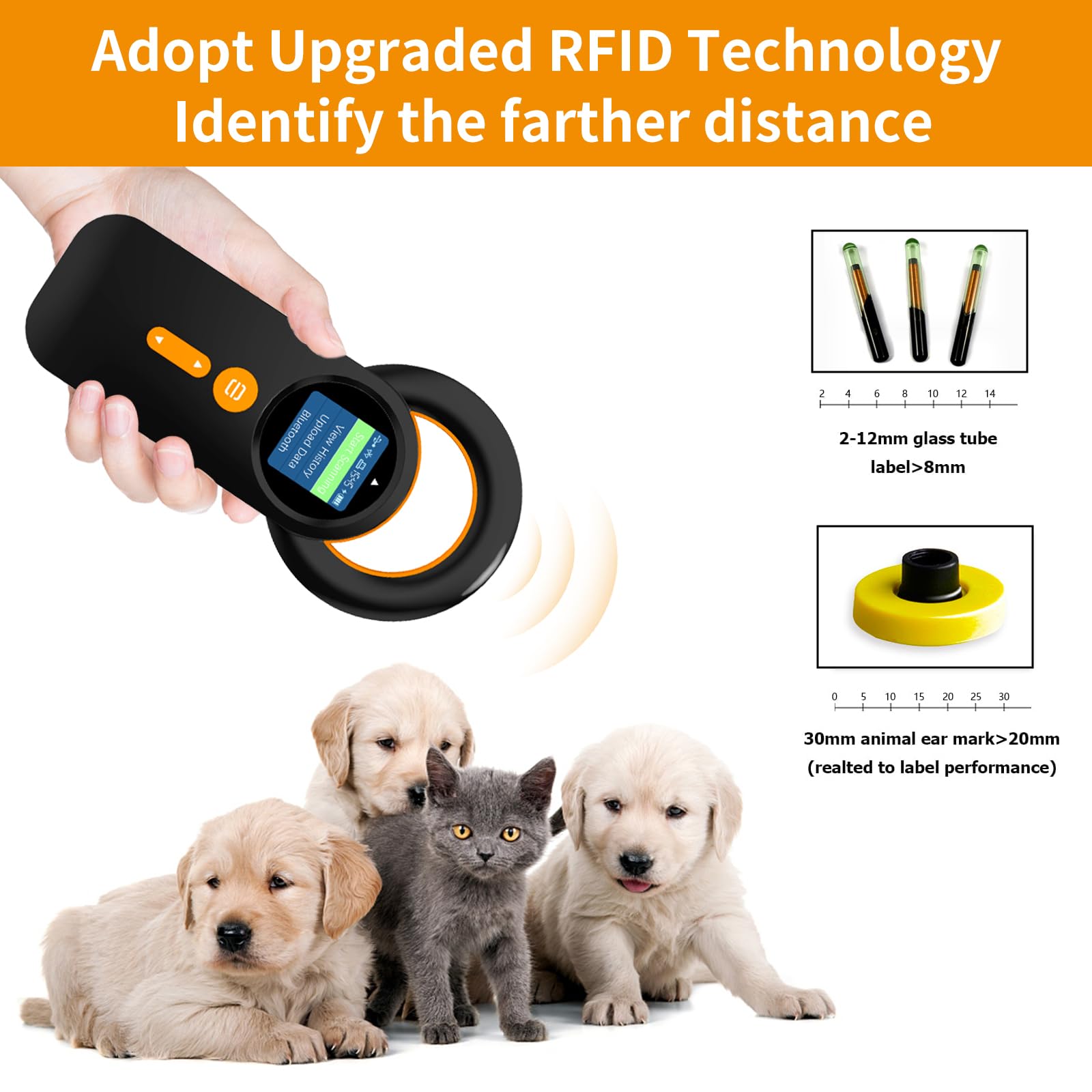 Symcode Animal Microchip Scanner with 1.44IN TFT Display, Bluetooth Wireless Pet Chip Scanner RFID Reader ISO11784/85/FDX-B/EMID 240 Records Data Storage Upload to PC