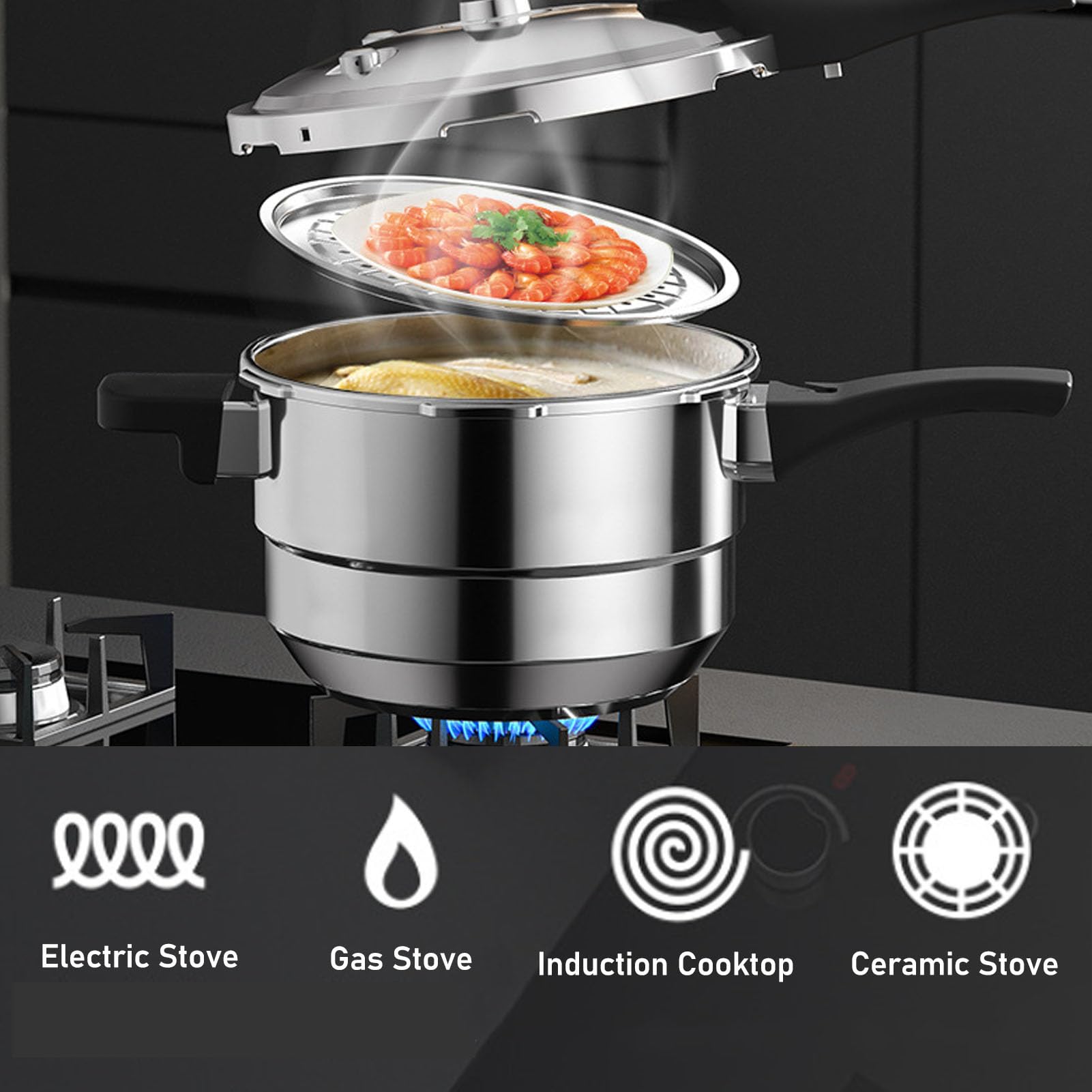 80Kpa Pressure Cooker Stainless Steel 8L Large Capacity, Pressure Canner with Steaming Rack Compatible with Gas & Induction Cooker (6L)