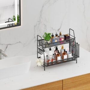 VITVITI 2-Tier Bathroom Organizer Countertop, Metal Wire Mesh Bathroom Counter Organizer Storage with Basket Hooks, Vanity Tray Shelf, Kitchen Spice Rack, Black