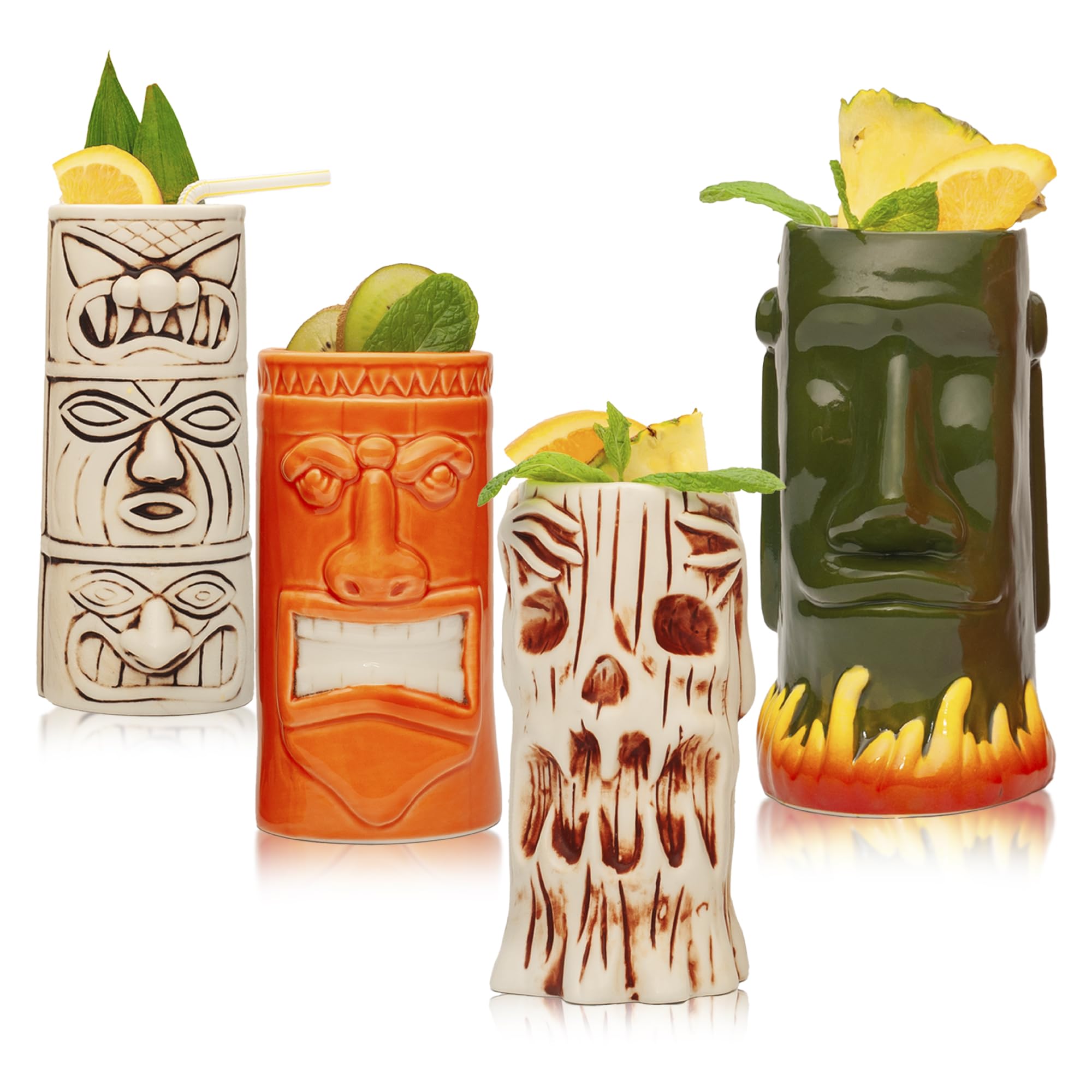 LEMONSODA Hard-Carved and Hand-Painted Tiki Mugs Assorted Cocktail Set of 8 - Ceramic Hawaiian Luau Party Mugs Drinkware, Cute Exotic Cocktail Glasses, Tiki Bar Hawaiian Party Barware - 18-23.5oz