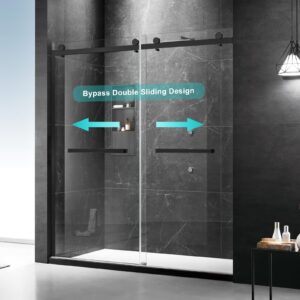 MoSweet Milano Double Sliding Shower Door, 60 in.W x 74 in.H Framed Shower Door 5/16"(8mm) Clear Tempered Glass, 18 inch Pull Handle, Stainless Steel Hardware, Matte Black Finished