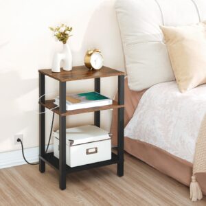 HOOBRO Side Table with Charging Station, End Table with USB Ports and Outlets, 3-Tier Storage Shelves Nightstand, Sofa Table for Small Space in Bedroom, Living Room, Rustic Brown and Black BF106UBZ01