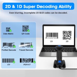 Symcode 2D Bluetooth Barcode Scanner with Wireless Charging Stand, 1968 Feet Transmission Distance 433Mhz Wireless & Bluetooth Barcode Reader, Shock Dust Proof Hands Free Bar Code Scanner Blue