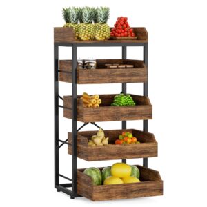 Tribesigns Wood Fruit and Vegetable Storage Rack, 5-Tier Pull-Out Snack Stand Fruit Basket Stand, Utility Shelf Organizer for Kitchen, Living Room, Bedroom, Rustic Brown