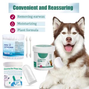 Qiveaory Pet Ear Wipes Kit Cat and Dog Ear Cleaner Wipes Multipurpose Grooming 50Pcs Finger Wipes+150Pcs Cleansing Pads+56Pcs Gourd Shaped Cotton Swabs Odor Control Reduce Dirt and Itch Relief