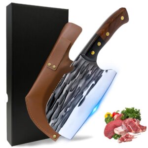 anljncc serbian chef knife with sheath, professional meat cleaver knife full tang handle, high carbon steel meat cutting chopping knife, hand forged butcher knife for kitchen camping bbq gift