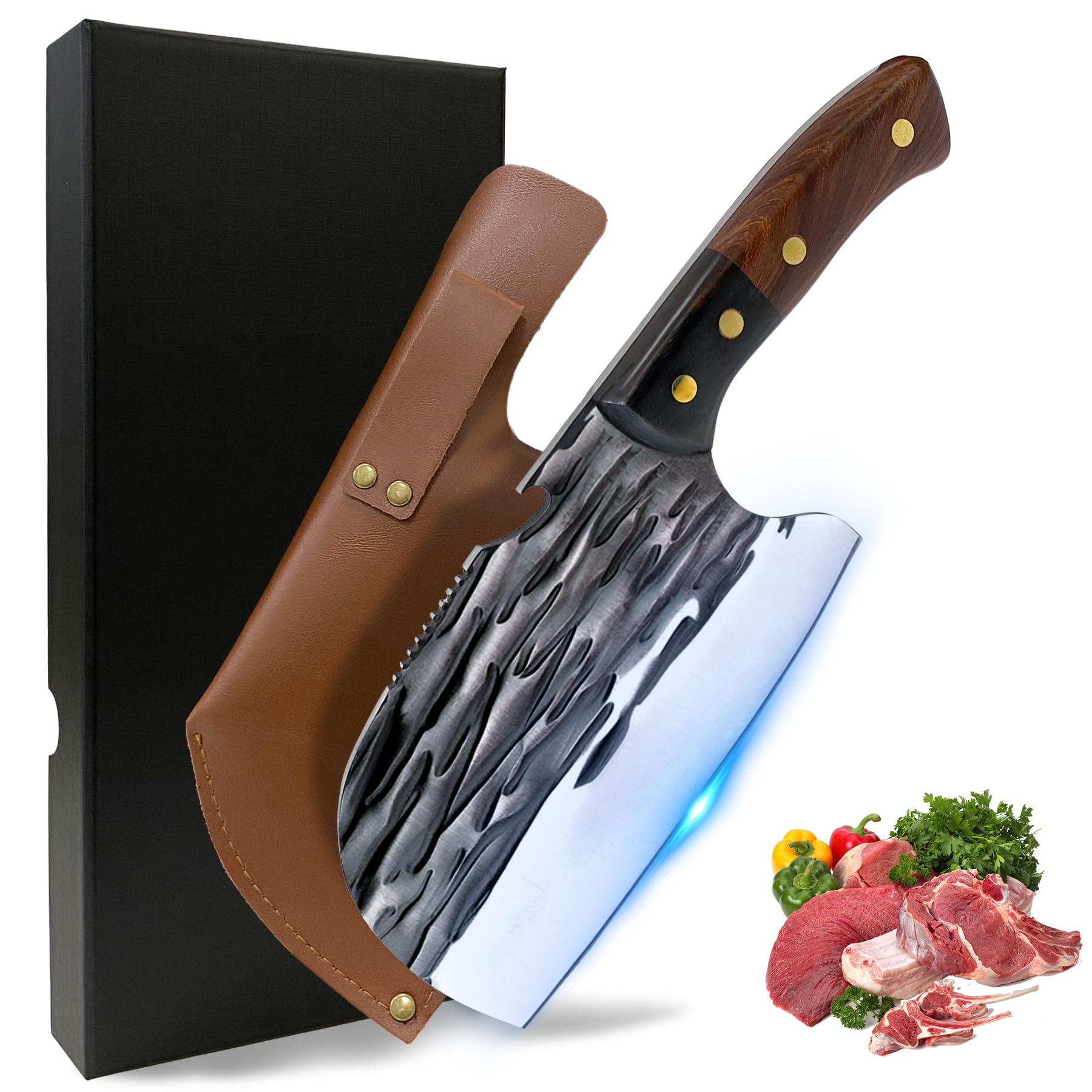 ANLJNCC Serbian Chef Knife with Sheath, Professional Meat Cleaver Knife Full Tang Handle, High Carbon Steel Meat Cutting Chopping Knife, Hand Forged Butcher Knife for Kitchen Camping BBQ Gift