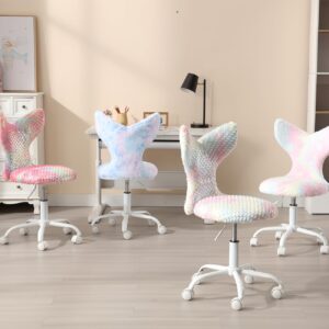 ZH4YOU Cute Kids Desk Chair, Soft Fuzzy Computer Chair for Girls Teen Reading Study Adjustable Swivel Rolling Task Chair Vanity Chair with Little Mermaid Sparkling Back(Pink Rainbow)