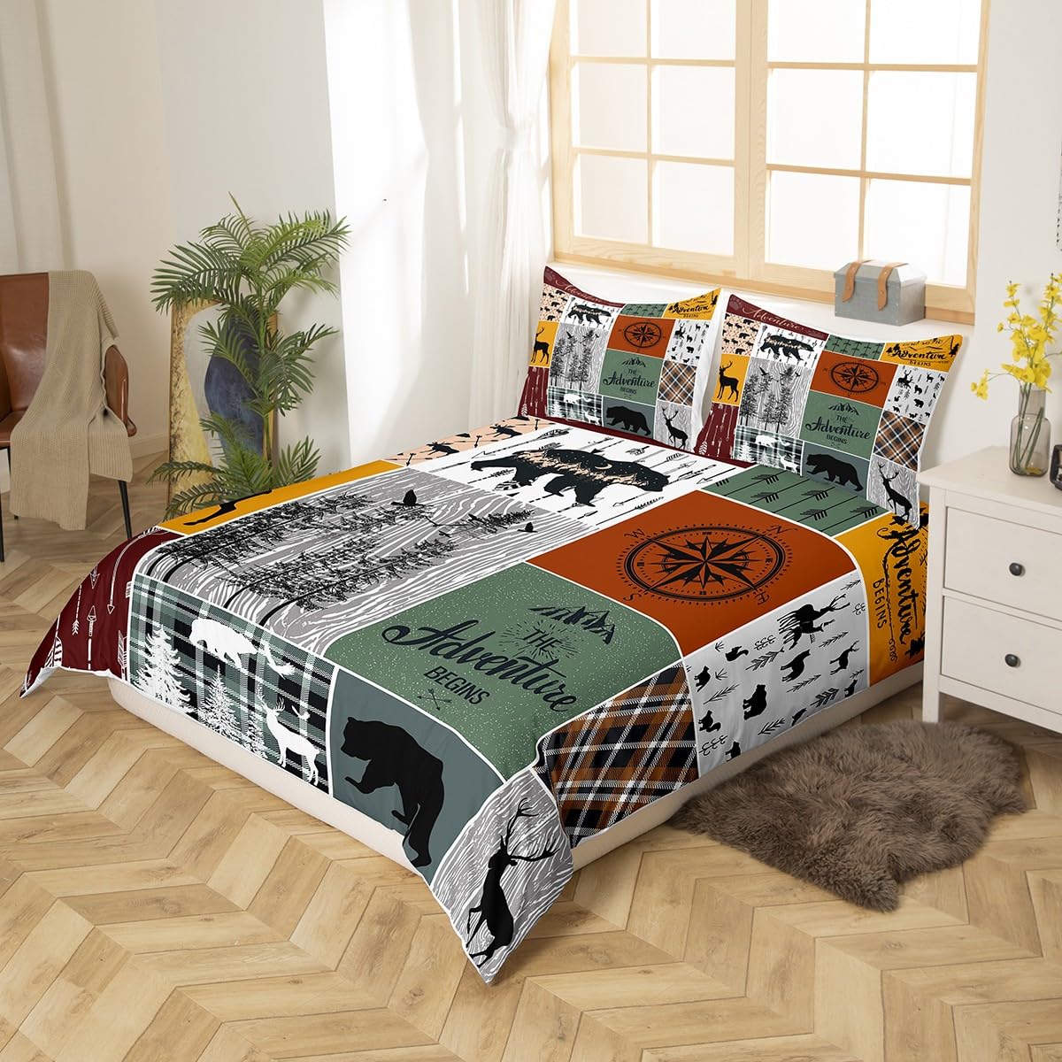 Cabin Retro Rustic Lodge Duvet Cover, Bear Deer Country Bedding Set Twin, Hunting Wild Animal Comforter Cover Plaid Check Adventure Themed Quilt Cover For Kids Boys Teens Adult Men Bedroom Decor