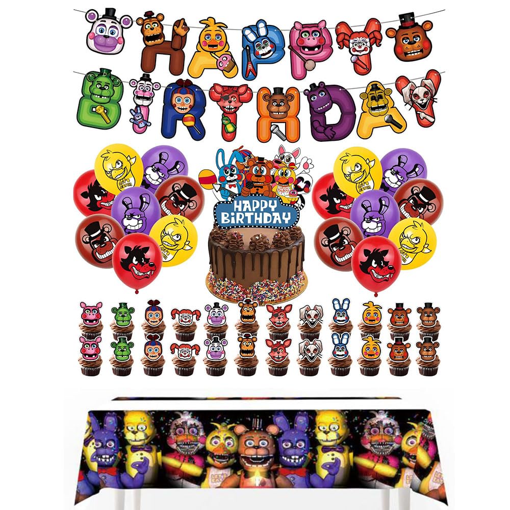 Party Supplies Decorations Five Nights Freddy, 1 Birthday Banners, 1 Tablecover，25 Cake Decorations, 16 Balloons , children Birthday Party Favors