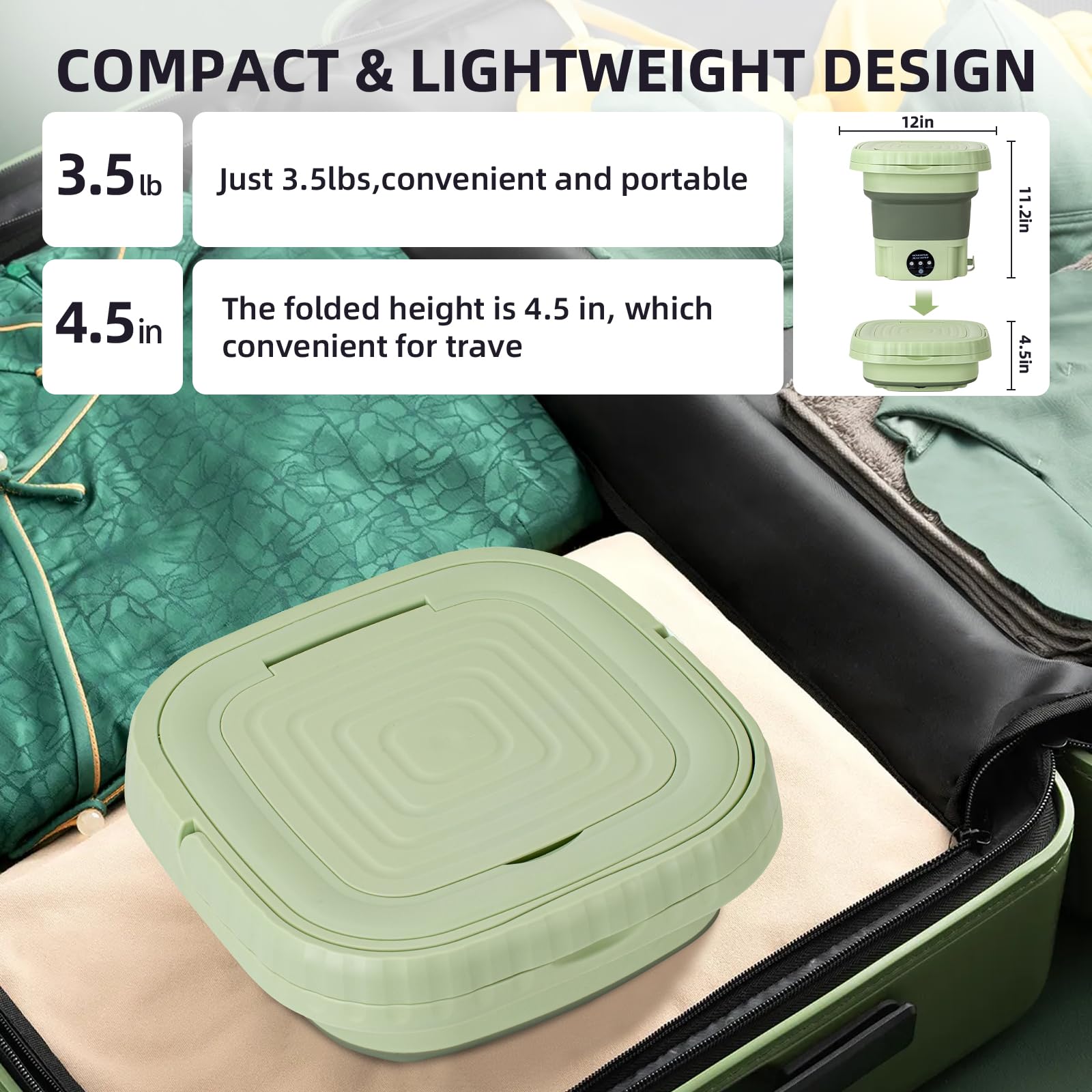 Portable Washing Machine, Mini Washer, 11L upgraded large capacity Foldable Washing Machine, Deep Cleaning for Underwear, Baby Clothes, or Small Items, Suitable for Apartments, Dorm, Hotels (Green)