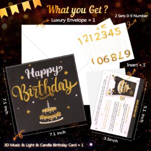 INPHER DIY Age Birthday Cards Fireworks Pop Up Cake Light and Music Black and Gold Happy Birthday Card Gift for Husband, Men, Women, Mom, Grandma