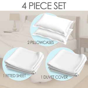 ZIZZ 4 Piece Full Size Duvet Cover Set - 100% Organic Cotton, 400 Thread Count, Soft Luxury Sateen Weave, 1 Comforter Cover, 1 Fitted Sheet and 2 Pillowcases, Zipper Closure - White